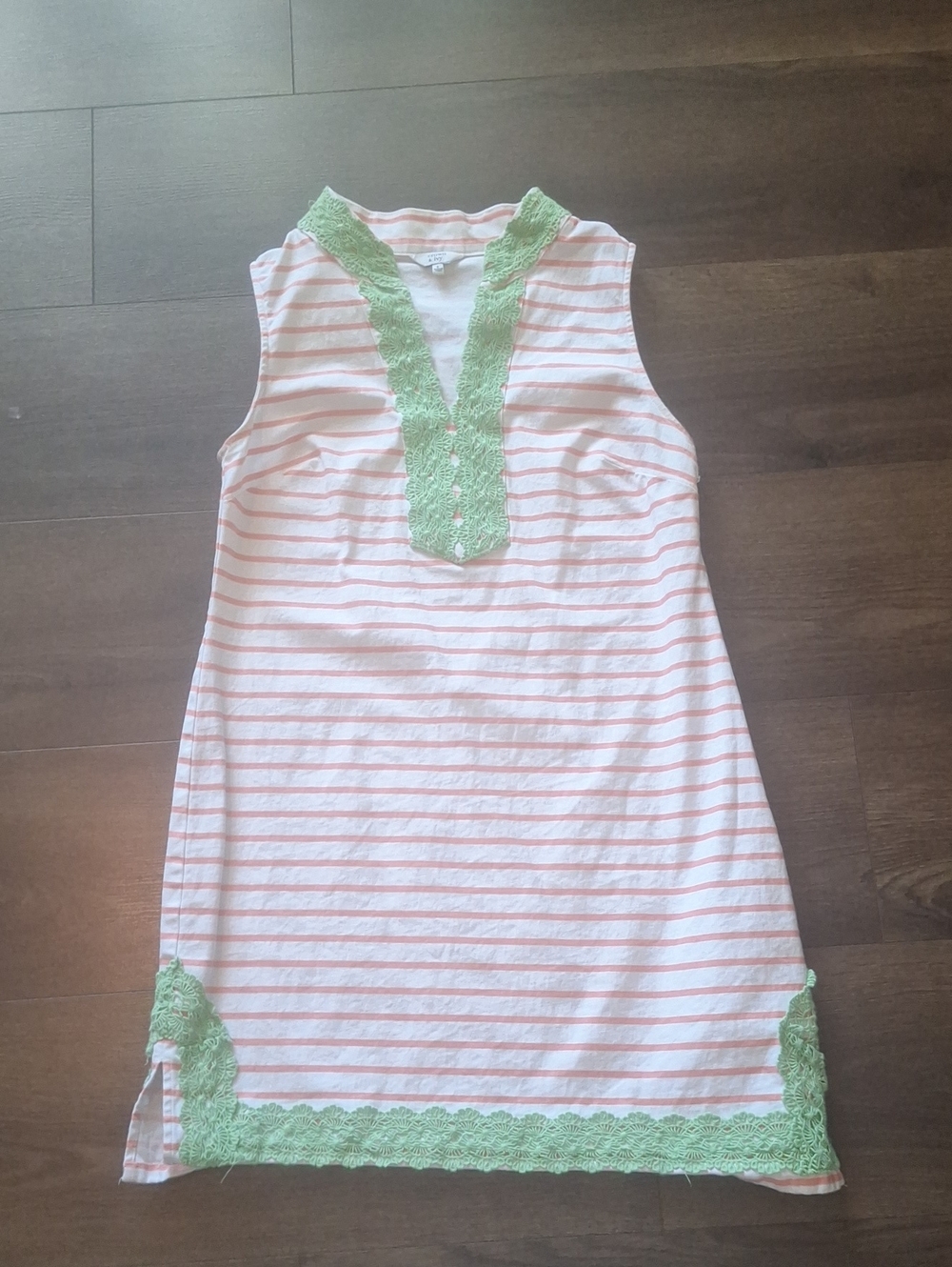 crown & ivy Pink and White Striped Sleeveless Dress with Green Lace Trim
